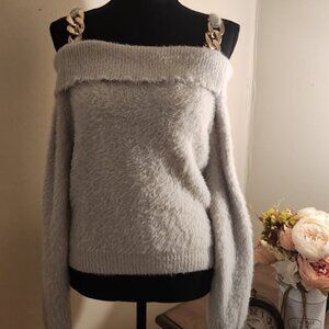 Cozy Off-Shoulder Sweater with Gold Chain Straps